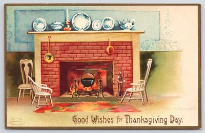 Thanksgiving Good Wishes Kettle Cooks in Fireplace Postcard