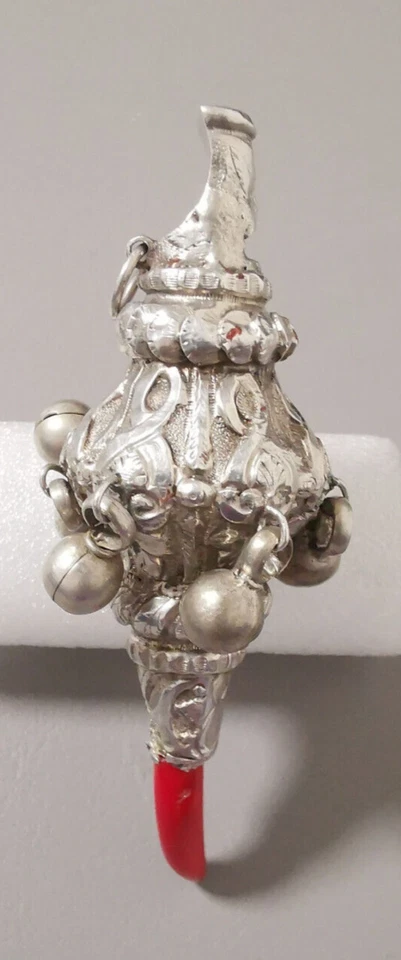 Antike Silber Babyrassel mit Koralle Beißer Pfeife & Rassel Viktorianisch 9 cm - Bild 2 von 4