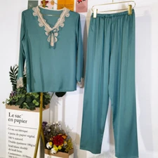 Women Pajama Set Satin Lace Bow Pullover Long Sleeve Top Pants Casual Nightwear