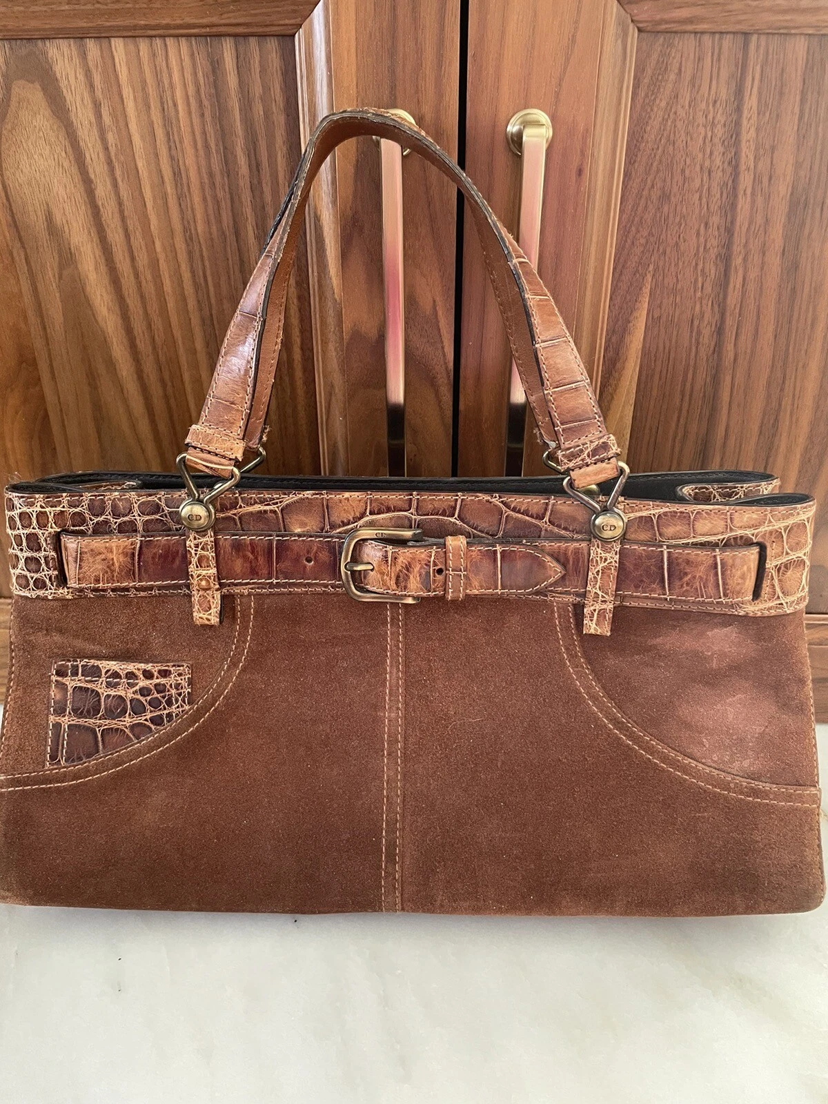Sac à main vintage années 90 CHRISTIAN DIOR crocodile et daim SATCHEL vintage