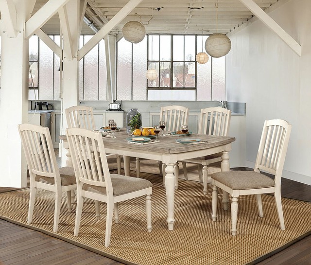 7pc Set Dining Furniture Table White Color Wooden Seat Back