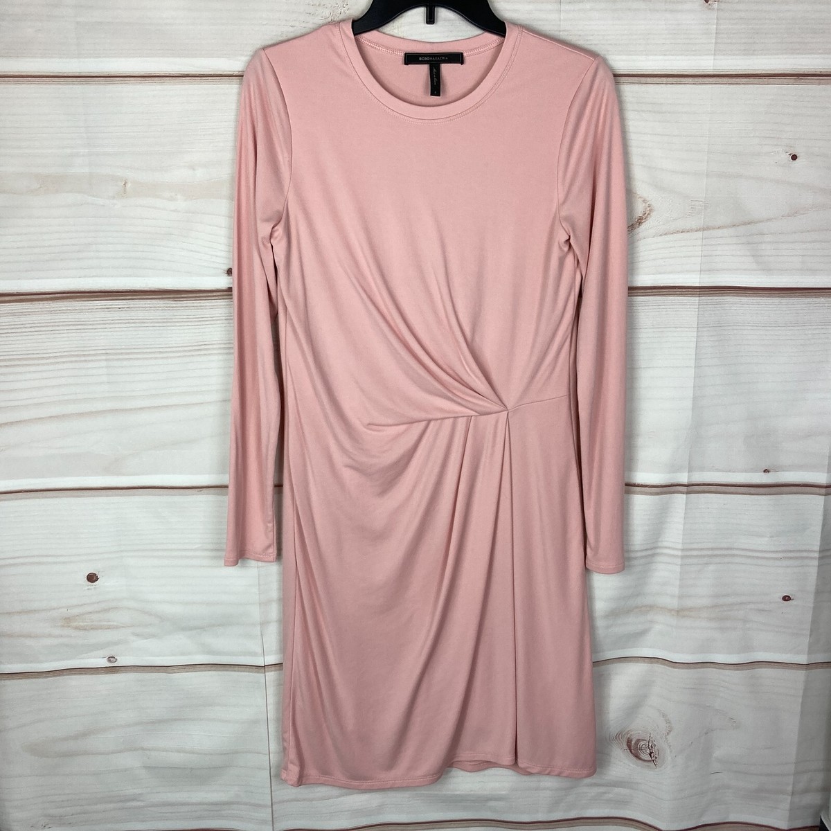 BCBG MaxAzria Dress Womens S Pink Rib Knit Long Sleeve Shift Crew Neck  Ruched