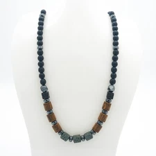 Men's Natural Lava Rock Gemstone 20" Necklace - Hematite Wood