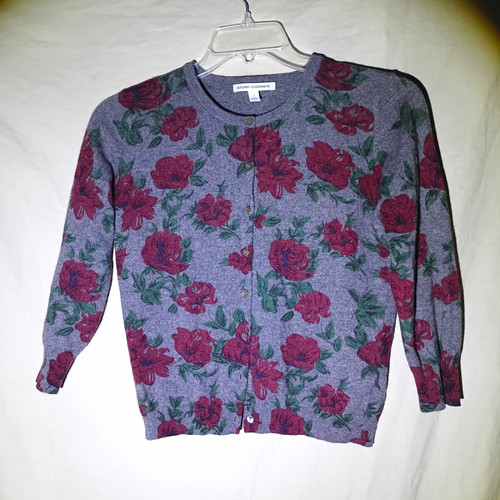Autumn Cashmere Women's Gray Floral Cashmere Knit Cardigan Crew Neck M
