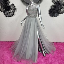 NWT~$495~LA FEMME~SZ 4~SILVER GRAY RHINESTONE BEADED BALL GOWN MAXI PROM DRESS