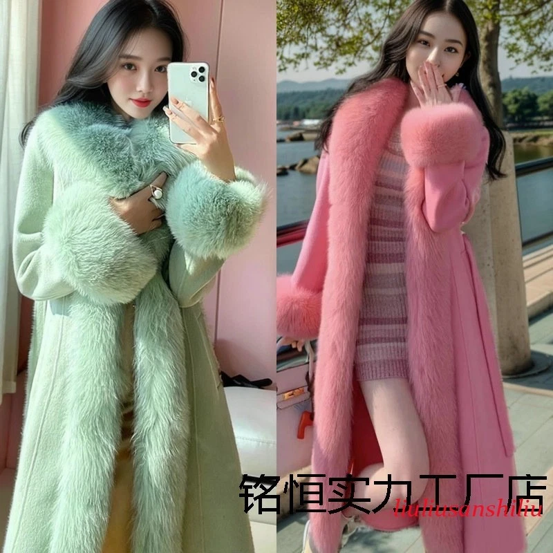 Womens Long Jacket Warm Faux Fox Fur Knee Length Thick Coat Belted Slim Overcoat
