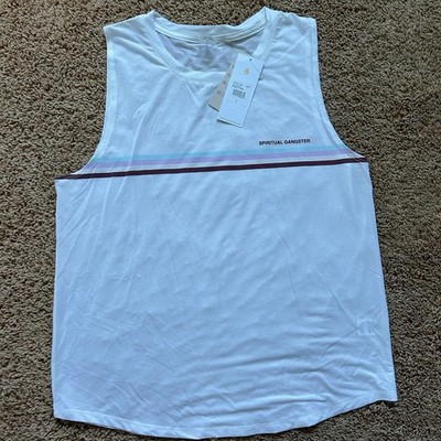 Spiritual Gangster Active Muscle Tank White w Stripes Womens Large Yoga Casual