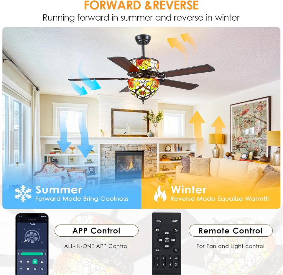 Tiffany Ceiling Fans with Lights - 52" Black Ceiling Fan Chandelier with 5 Dual- - Image 2 of 4