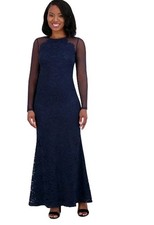 $248 Eliza J Embroidered Illusion-Sleeve Gown Sz 10 Blue Eyelet SeeThru Line New