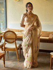 Indian Designer Cream Soft Tebby Silk Floral Print With Sequins Handwork Saree
