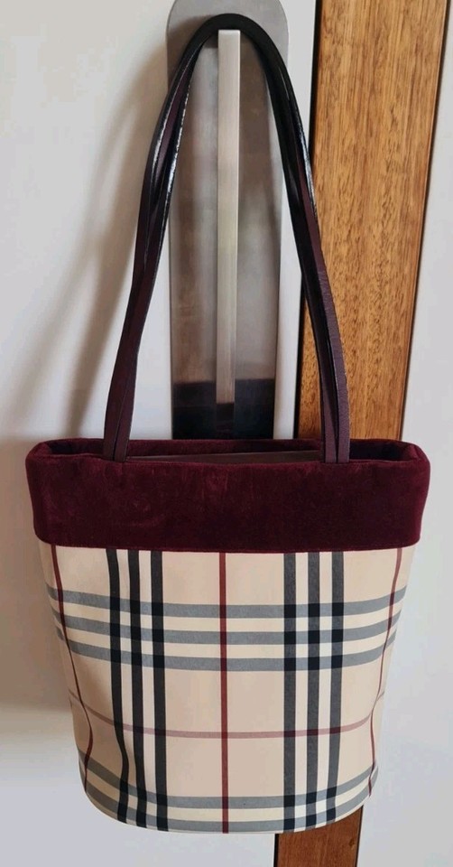 Authentic Burberry Velvet Trimmed House Check Canvas Tote Bag Exc Condition