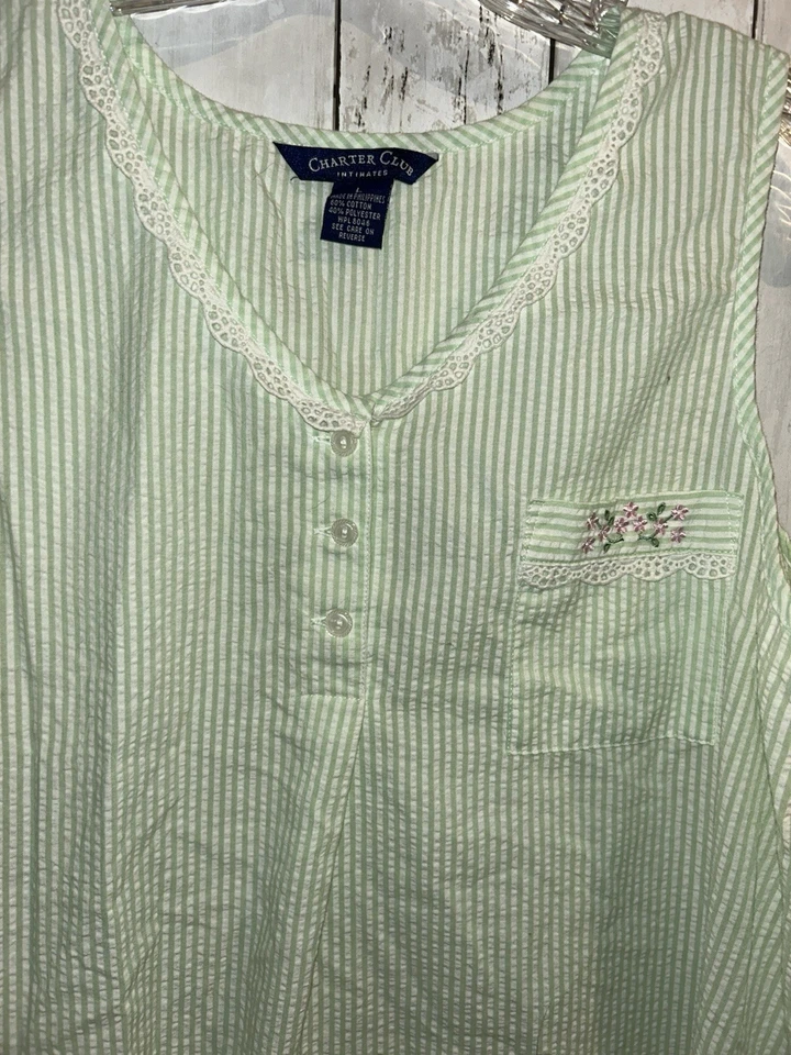 Charter Club Large Green Striped Seersucker Sleeveless Nightgown Lace Floral - Image 3 of 4