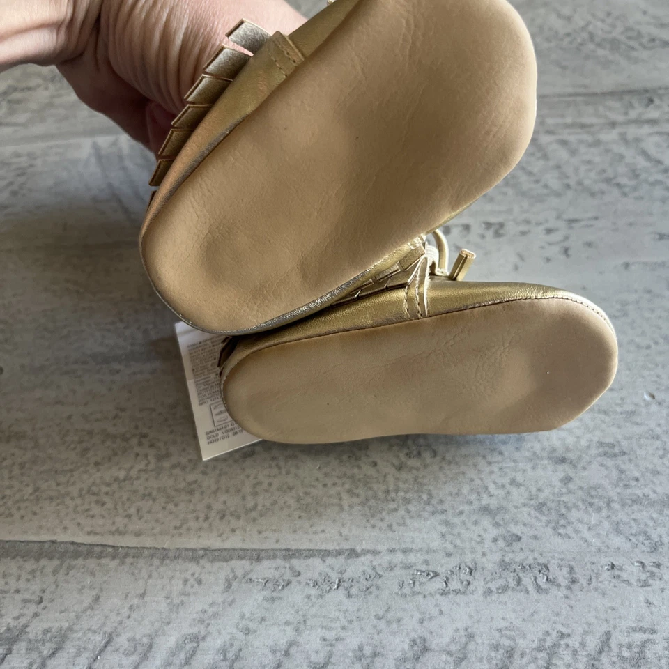 Zapatos mocasines antiguos dorados azul marino para bebé niña talla 0-3mos/flecos y lazo Foto 3 de 4