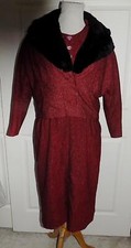 Vintage 50s 60s Red Burgundy Wool Dress Jacket Fur Collar Myron Herbert B38
