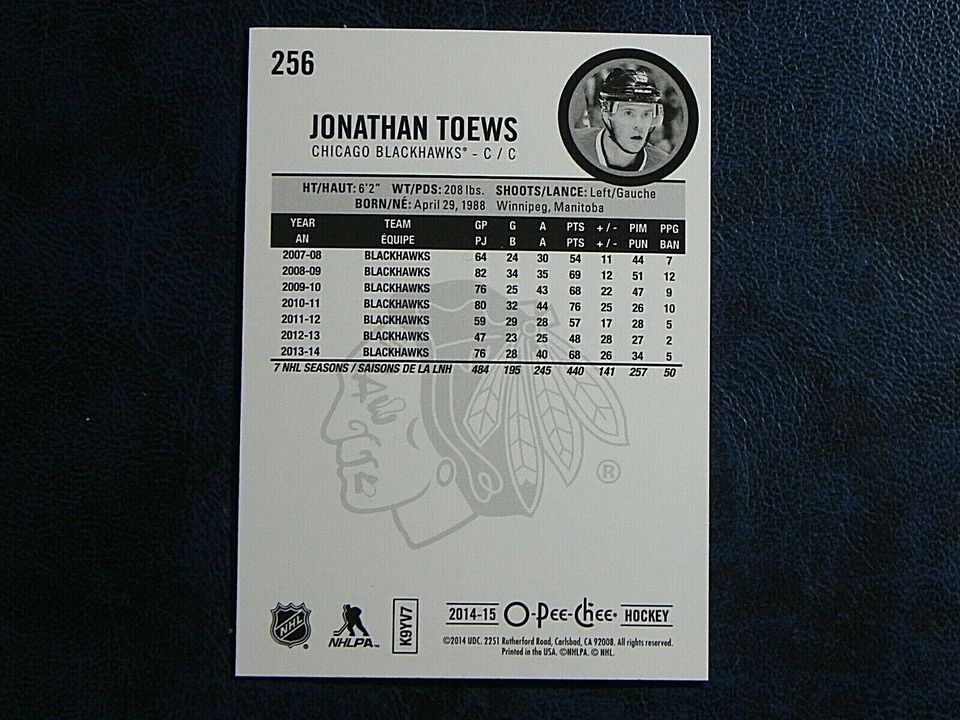 2014-15 14/15 OPC O-Pee-Chee RAINBOW #256 Jonathan Toews Chicago Blackhawks - Image 2 of 2