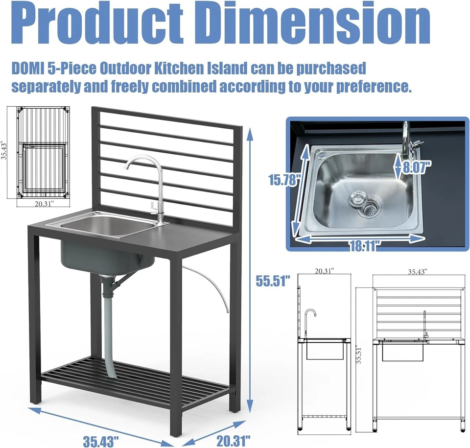 Isla de cocina Domi con fregadero de aluminio, grifo, escurridor y estantes de almacenamiento Foto 3 de 4