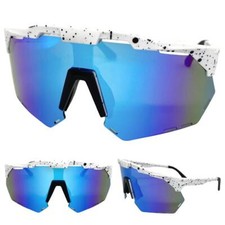 Oversized RETRO SPORTY WRAP AROUND Cycling SUN GLASSES Big White Frame Blue Lens