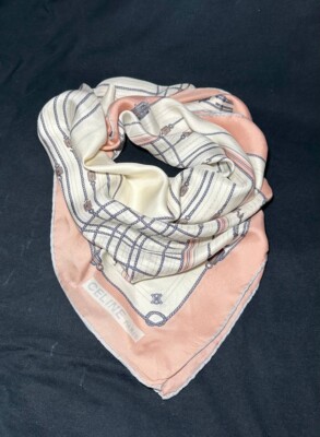 Celine Paris Handkerchief Square Silk Scarf white pink