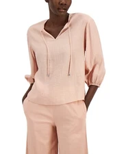 MSRP $80 Alfani Women Petite Tassel Peasant Blouse Beige Size PSmall