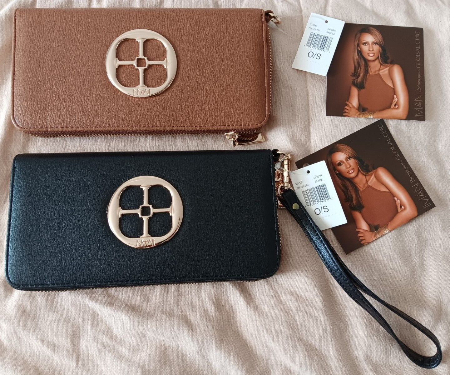 Black Saddle Tan Gold Zipper Wallet Wristlet Gift Set by Iman Global Chic-image