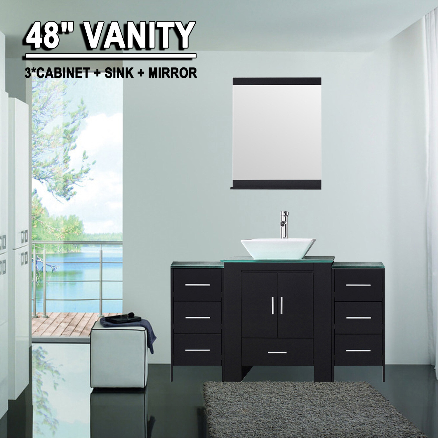 48 Bathroom Vanity Cabinet Sink Faucet Mirror Glass Top