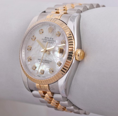 Rolex Mens Datejust 116233 Jubilee 36mm 18k Fluted Bezel White MOP Diamond Dial - Picture 3 of 5