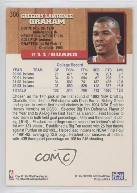 1993-94 NBA Hoops Greg Graham #386 Rookie RC - Picture 2 of 3
