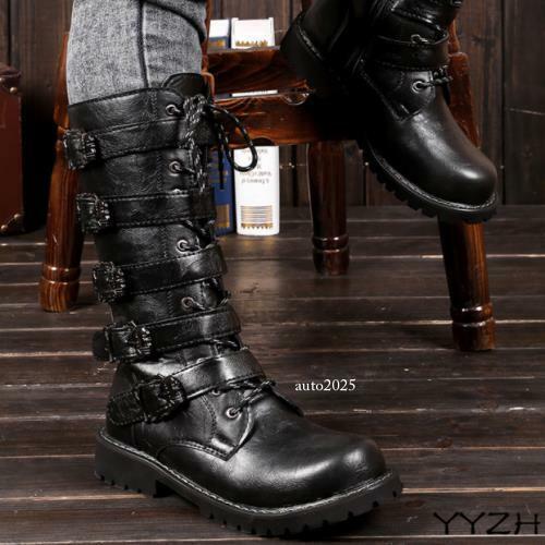Herren Motorrad Schnalle Schnürung hoch oben kniehoch Stiefel Ritter Stiefel Punk Schuhe - Bild 1 von 9
