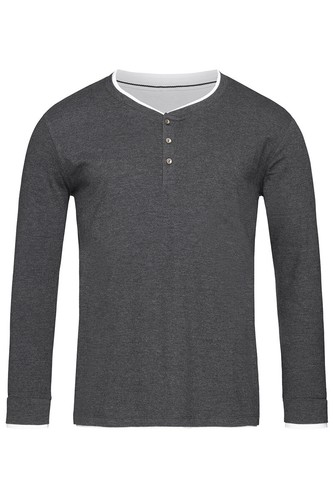 Uomo Grigio O Blu Manica Lunga Nonno Henley con Bottoni T-Shirt - Foto 2 di 3