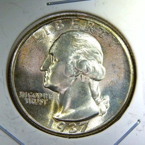 1937 P ** Washington Quarter ** Beautiful Color ** Superb Gem BU ** Album Toned