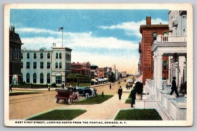 West First Street View with Stores & Streetcars   Oswego, NY 1921 Postcard