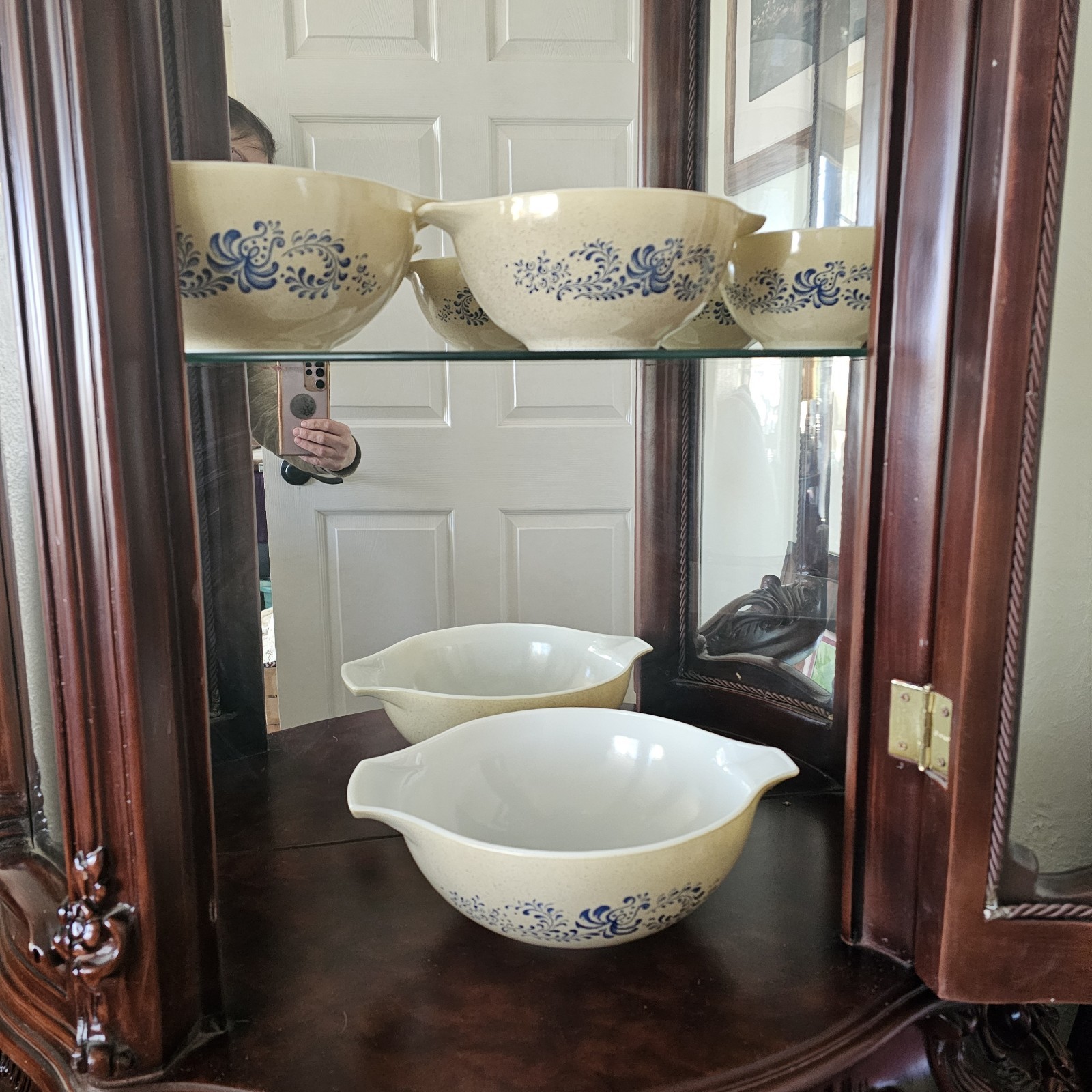 Vintage Pyrex Homestead Cinderella Mixing Bowl Set 441, 442, 443, 444 Tan Blue