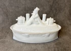 Antique Flaccid Bros Uncle Sam Battleship Milk Glass Covered Mustard Candy Dish