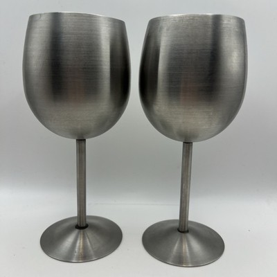 Matching Set of 2 Stainless Steel Wine Goblets Glasses 7.25 in Tall