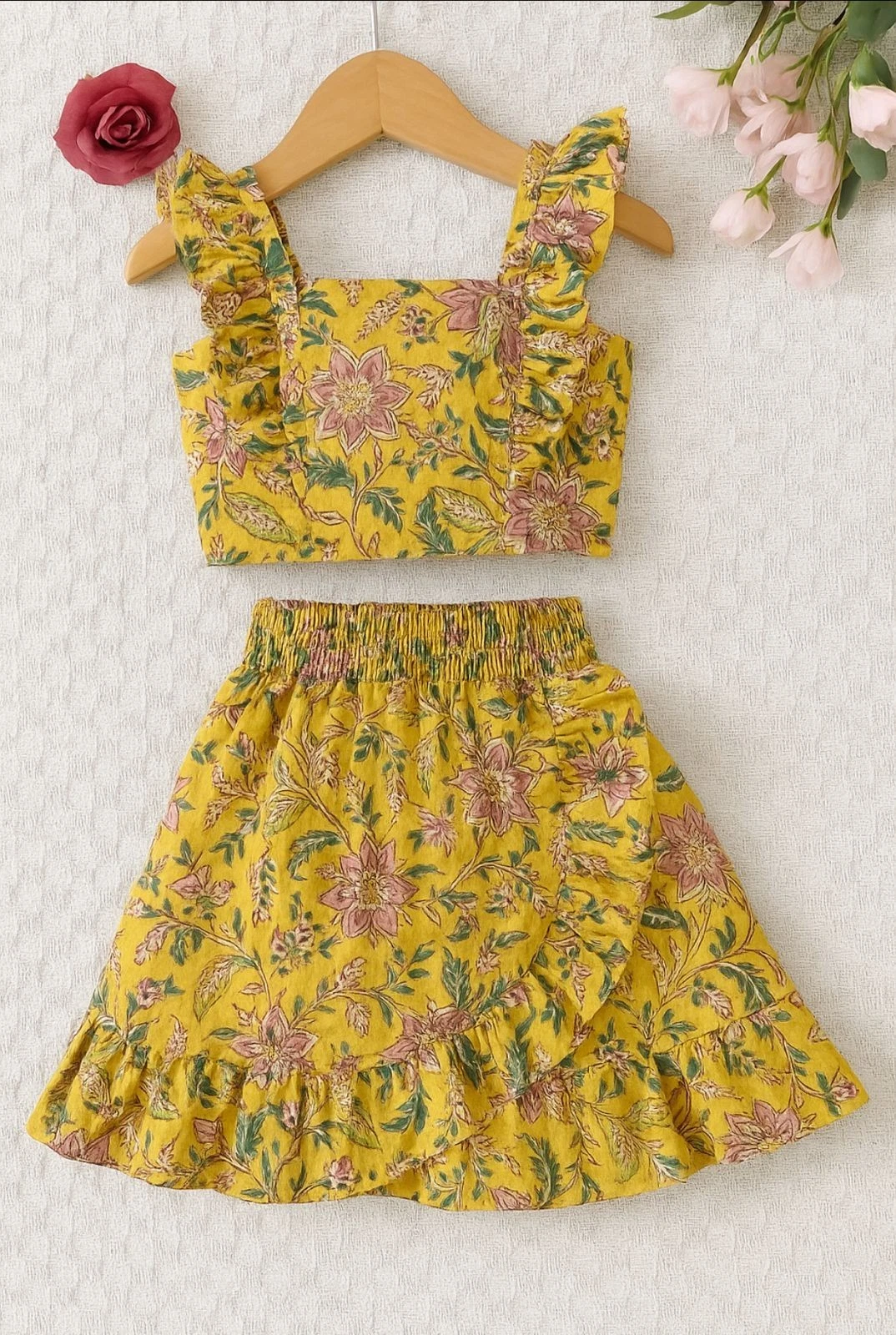 Girls Cotton Co-ord Set Yellow Floral Block Print Crop Top & Skirt Outfit