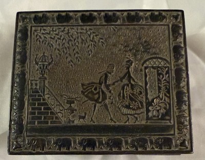 Vintage Metal Jewel Trinket Box Wood Interior Elephant Border Victorian Couple