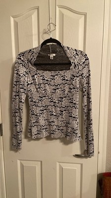 Cache Floral Lace Top Black/White Size M Long Sleeve Scoop Neck Pullover Stretch