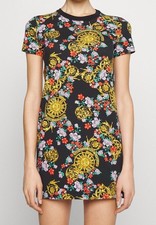 Versace Jeans Couture Logo Flower Garland T-Shirt Mini Dress Black US 6 IT 42