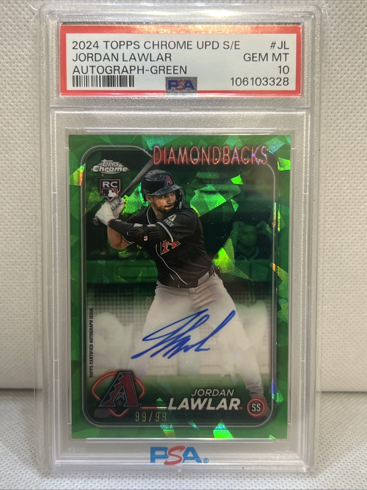 JORDAN LAWLAR 2024 Topps Chrome Update Sapphire Green Rookie Auto /99 PSA 10