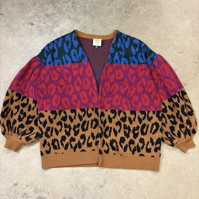 Farm Rio Leopard Animal Print Open Face Cardigan Sweater Size Small Oversized