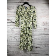 Raj Dress Women's Size L Green Blue Floral Boho Button Front Tassel Tie Cotton