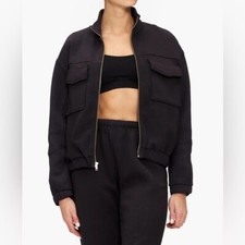 Monrow Seamed Bomber Jacket Black Zip Front Pockets Size L