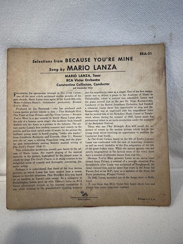 Mario Lanza! - "BECAUSE YOU"RE MINE" RCA ERA-51 Red Seal 45 - Picture 2 of 6