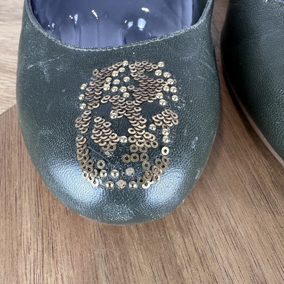 Alexander McQueen Cuero de becerro verde Calavera dorada Lentejuelas Ballet Pisos EU40 Foto 2 de 4