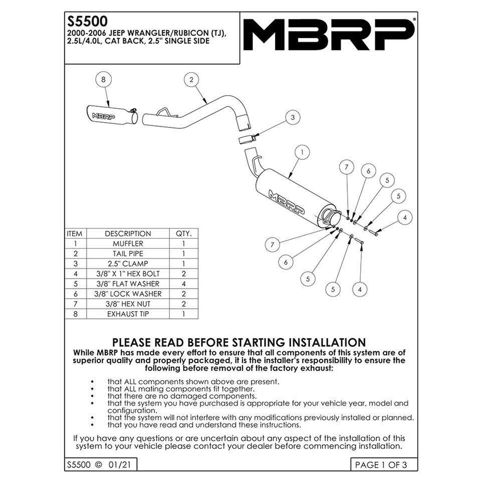Escape trasero MBRP S5500AL acero gato para Jeep Wrangler TJ 2000-2006 2,5 L 4,0 L Foto 4 de 4