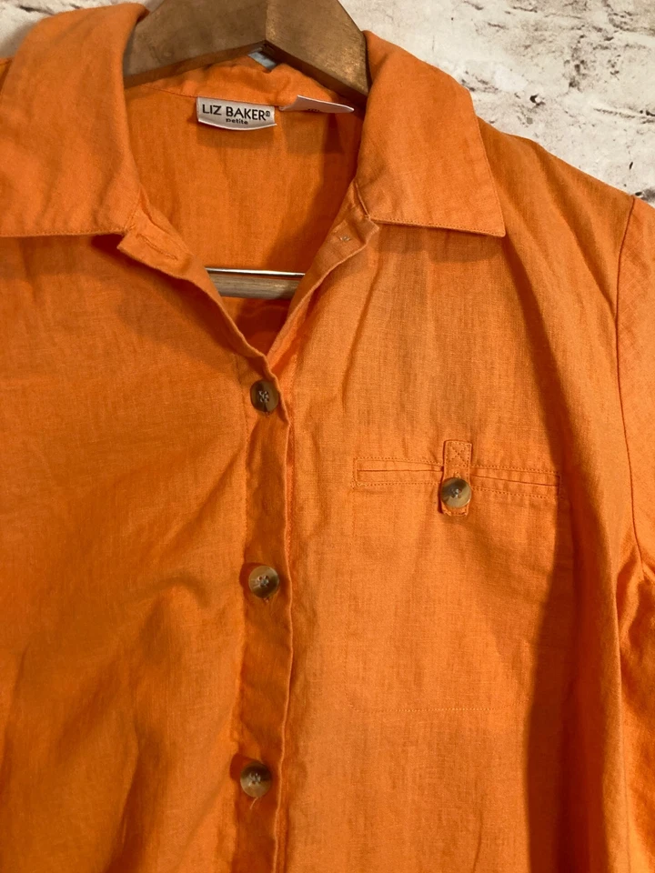 Top de lino Liz Baker para mujer pequeño grande naranja abotonado playero ligero Foto 2 de 4