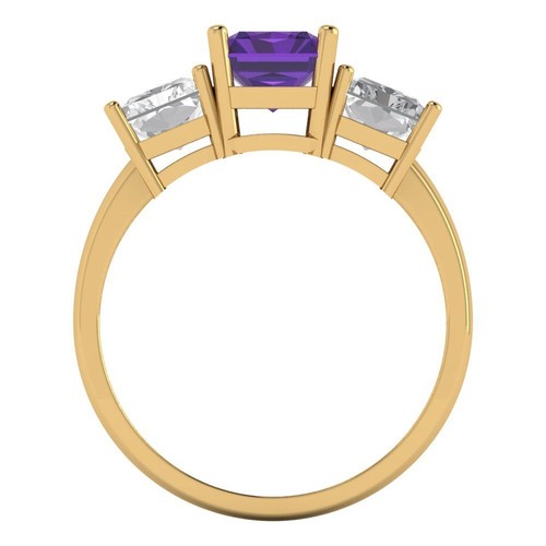 4Ct Emerald Cut Natural Amethyst Three Stone Engagement Ring, 14K Yellow Gold - Picture 4 of 11