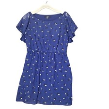 FOREVER 21 Womens Dress SZ Large Flutter Sleeve Sheath Floral Navy Elastic Waist