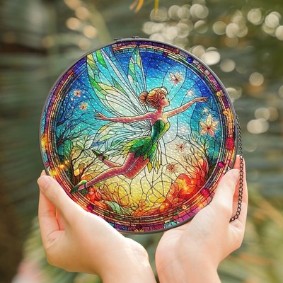 Green Fairy Stained Glass Panel   Forest Magic Pixie Window Hanging