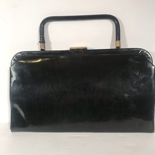 Vintage Glossy Black Patent Gold Tone Convertible Clutch with handle
